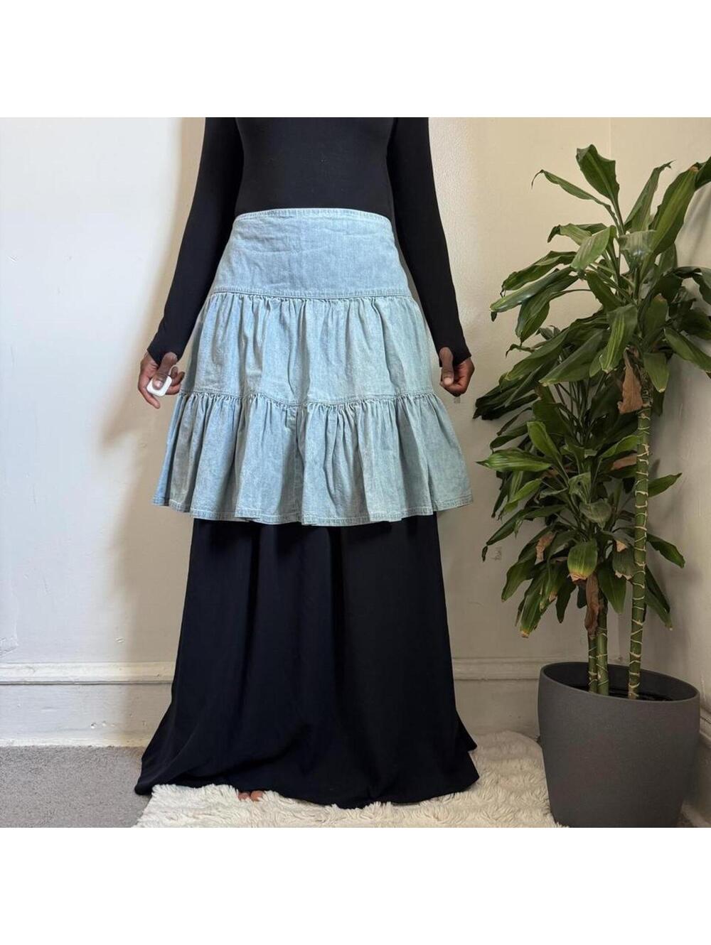 Vintage Chaps Denim Tiered Ruffle Midi Skirt Light Wash size 14